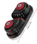 Front view of black aluminum cam cleat rope clutch for 4–6 mm rope with red screw caps and toothed jaws
