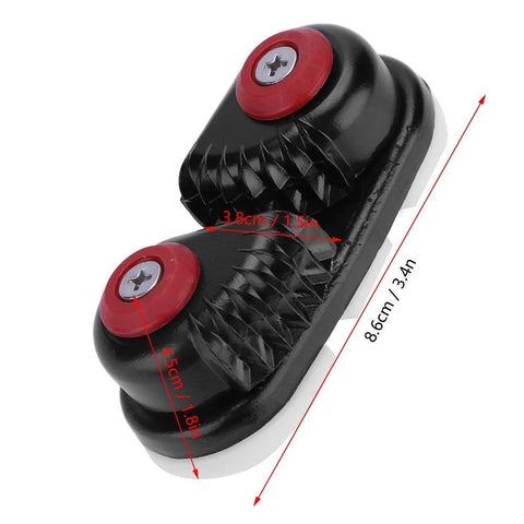 Front view of black aluminum cam cleat rope clutch for 4–6 mm rope with red screw caps and toothed jaws