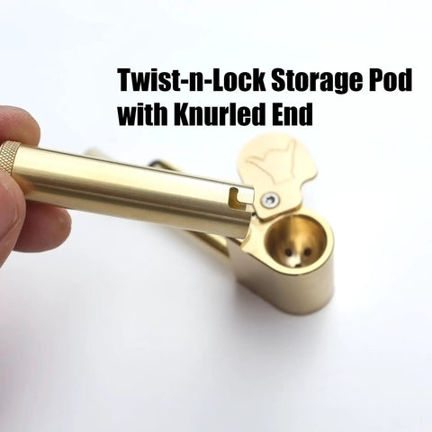 Close-up of brass portable all in one tool with poker and storage tube CNC machined precision multitool showing twist-n-lock pod.