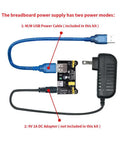 All In One Tinker Ready Starter Electronics Kit With Power Supply Module showing USB power cable and DC adapter