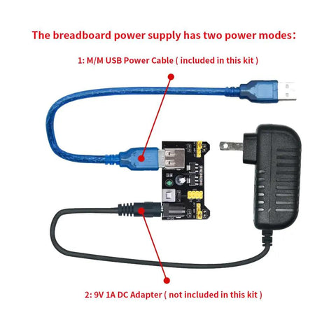 All In One Tinker Ready Starter Electronics Kit With Power Supply Module showing USB power cable and DC adapter