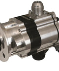 High Octane Single Stage External Oil Pump With V Band Mount And Rear Fuel Drive Compatible Procharger Front Blower Setup Reverse Rotation Gear 1.500 Inch Pressure Section Hard Built Motor with a polished aluminum finish.