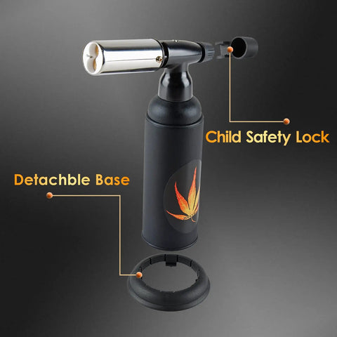 Big Double Flame Butane Torch With Adjustable Regulator Dial Refillable Industrial Blow Torch For Soldering Baking Welding And DIY Crafts With Child Safety Lock 6 Inch Continuous Flame 2500 Fahrenheit, showcasing detachable base and child safety lock.