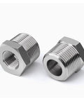 Two Rock Solid 304 Stainless Steel Bushing Pipe Fitting Adapter with metric female to male threads for oil, gas and water systems.