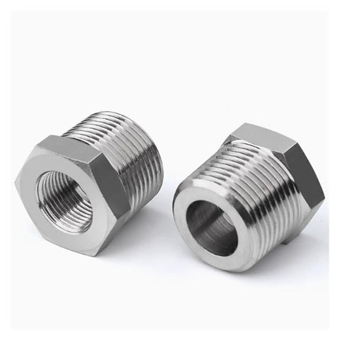 Two Rock Solid 304 Stainless Steel Bushing Pipe Fitting Adapter with metric female to male threads for oil, gas and water systems.