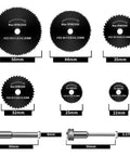 Six HSS cutting discs for Dremel rotary tool; diameters 50/44/35/32/25/22 mm; includes 6 mm and 3.175 mm mandrels.