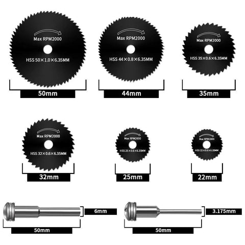 Six HSS cutting discs for Dremel rotary tool; diameters 50/44/35/32/25/22 mm; includes 6 mm and 3.175 mm mandrels.