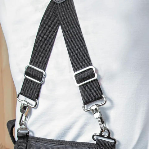 Person wearing Rugged Cordura Suspenders With Heavy Duty Padding For Electricians And Carpenters, showing adjustable snap hooks.
