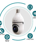 3MP Wireless Light Bulb Security Camera With Pan Tilt 360 Degree View 2.4GHz WiFi Indoor Outdoor Night Vision And Two Way Audio