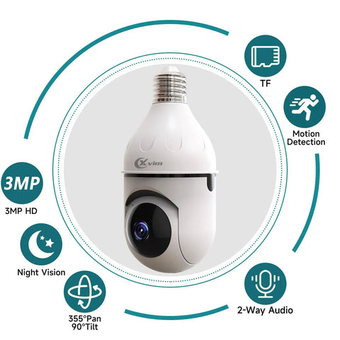 3MP Wireless Light Bulb Security Camera With Pan Tilt 360 Degree View 2.4GHz WiFi Indoor Outdoor Night Vision And Two Way Audio