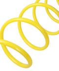Close-up of yellow coiled nylon air hose, 12 feet, lightweight, anti-corrosion, abrasion-resistant, with brass 1/4 inch NPT fittings.