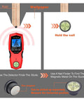 Heavy Duty Digital Wall Stud Finder With Bright Backlit Display shows usage instructions for detecting studs and nails.