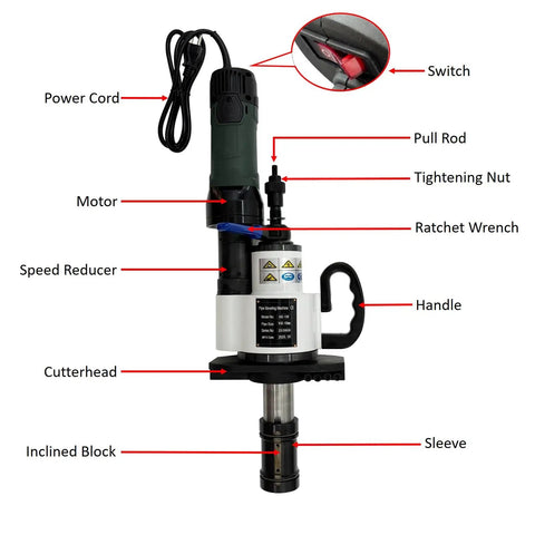 Handheld Electric Pipe Beveling Machine With Internal Expanding Chuck For No Sweat 220V Chamfering and Weld Prep, detailed view with labeled parts.