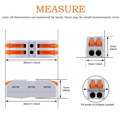 Push In Wire Connectors 20 Pack Quick Electrical Cable Connectors 2 Pin For 28 To 12 AWG Cables dimensions and components