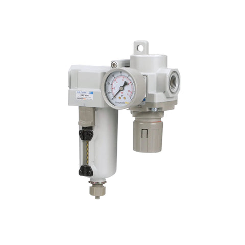 Three Quarter Inch NPT Compressed Air Filter Regulator Combo With Metal Bowl Manual Drain Gauge Bracket 10 Micron Element 180 SCFM