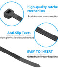 8 Inch Black Zip Ties 1200 Pack 35 Lb Tensile Strength Self Locking Nylon Cable Ties UV Resistant For Indoor Outdoor Use features diagram
