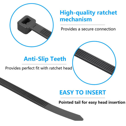 8 Inch Black Zip Ties 1200 Pack 35 Lb Tensile Strength Self Locking Nylon Cable Ties UV Resistant For Indoor Outdoor Use features diagram