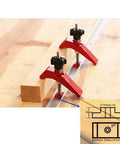 Heavy Duty T Slot Hold Down Clamp Set For Precision Woodworking Benches with quick twist knobs on wood and t track.