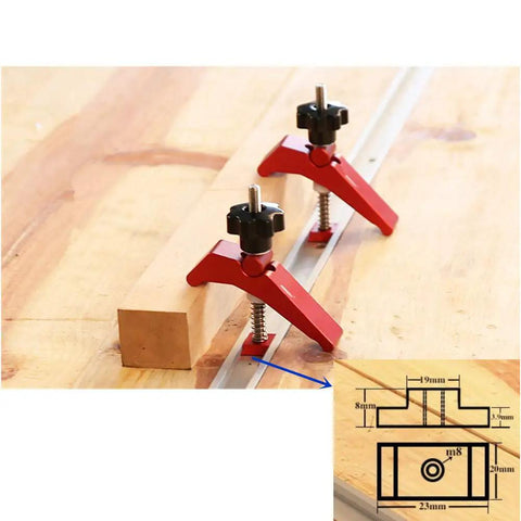 Heavy Duty T Slot Hold Down Clamp Set For Precision Woodworking Benches with quick twist knobs on wood and t track.