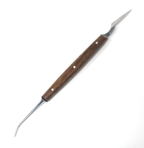 Double-ended scraper and pick from Precision 3D Print Clean Up Tool Kit, wooden handle, shown on white background, six blades visible.