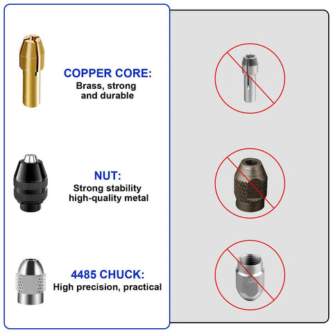 Drill Chuck Collet Set 15 Piece Kit With Brass Quick Change Nut For 1/32 To 1/8 Inch Shanks Replacement Keyless Chuck features