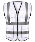 White High Visibility Safety Vest With Five Handy Pockets And Hella Bright Two Inch Reflective Strips Ultra Light Breathable Build Designed For Crew Leaders And Daily Site Rounds Large, front view showing reflective stripes and pockets.