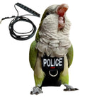 Green parrot wearing Parrot Harness Flight Suit With Leash For Outdoor Training, visible POLICE logo, with 2m leash beside it