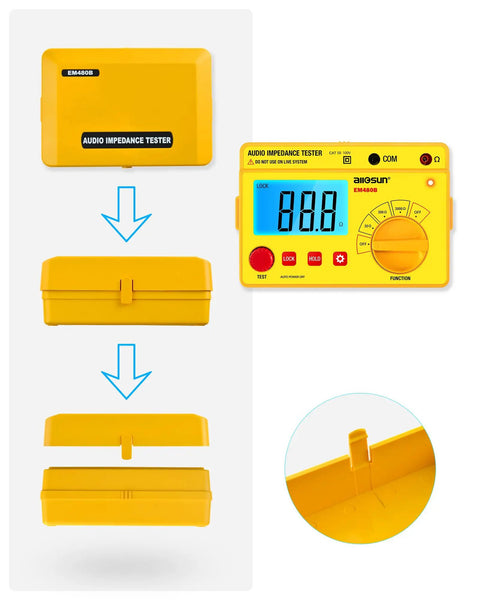 EM480B Audio Impedance Tester With Digital LCD Display Insulation Resistance Megohmmeter showing packaging and parts