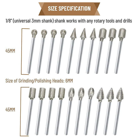 Front view of stone carving diamond burr set with 1/8in shank; grinding/polishing heads for stone and ceramics