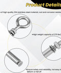 Heavy Duty Concrete Wall Eyebolt Anchors 4 Pack 304 Stainless Steel Expansion Hooks With Ring for Masonry Hanging on Walls and Ceilings Holds Up To 375 Lbs 170 Kg Industrial Grade Fasteners product details showing stainless steel material, weight capacity, and safety features.