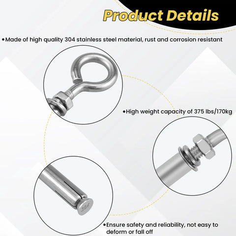 Heavy Duty Concrete Wall Eyebolt Anchors 4 Pack 304 Stainless Steel Expansion Hooks With Ring for Masonry Hanging on Walls and Ceilings Holds Up To 375 Lbs 170 Kg Industrial Grade Fasteners product details showing stainless steel material, weight capacity, and safety features.