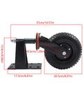 Close-up of 8 Inch Black Heavy Duty Gate Caster Wheels 2 Pack showing measurements and solid rubber tire features.