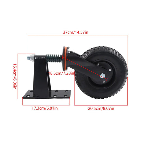 Close-up of 8 Inch Black Heavy Duty Gate Caster Wheels 2 Pack showing measurements and solid rubber tire features.