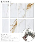 Calacatta Gold Marble Peel And Stick Backsplash Tiles 6 Inch By 3 Inch Self Adhesive PVC Subway Tile Kit For Kitchen And Bathroom 100 Piece Set Covers About 12 Square Feet Easy DIY Upgrade displayed with measurements and texture details.