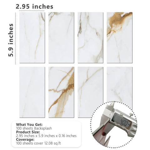 Calacatta Gold Marble Peel And Stick Backsplash Tiles 6 Inch By 3 Inch Self Adhesive PVC Subway Tile Kit For Kitchen And Bathroom 100 Piece Set Covers About 12 Square Feet Easy DIY Upgrade displayed with measurements and texture details.