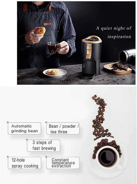 Automatic Coffee Maker With Built-In Bean Grinder For Home Use on counter with cup of coffee and scattered beans nearby