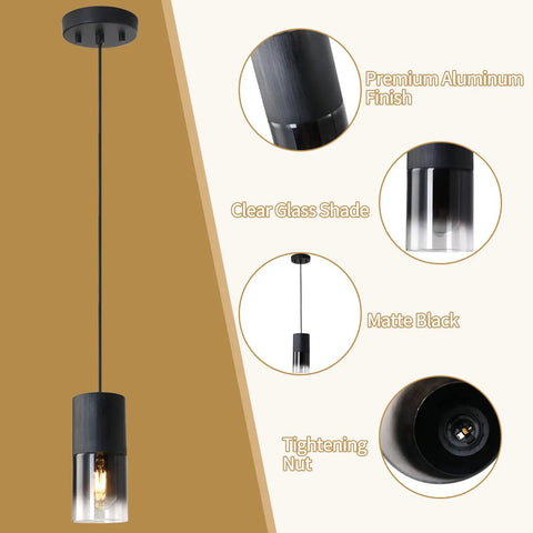 Black Industrial Pendant Lights 2 Pack With Adjustable Cords And E26 Sockets, Modern Glass Shade Pendant Lighting For Kitchen Island