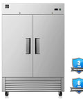Heavy Duty Commercial Reach In Upright Refrigerator With Slick Stainless Finish Boasting A Massive Forty Three Cubic Foot Layout front view with two doors.