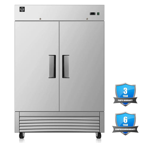 Heavy Duty Commercial Reach In Upright Refrigerator With Slick Stainless Finish Boasting A Massive Forty Three Cubic Foot Layout front view with two doors.