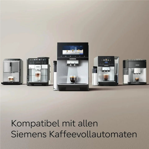 Top Shelf Six Pack Replacement Water Filter Cartridges Compatible With Siemens And Brita Intenza lined up with Siemens coffee machines.