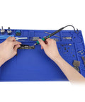 Heat Resistant Soldering Mat With Storage Slots Built In Ruler Magnetic Zones PCB Slot Bendable Silicone Work Surface For Electronics And DIY Projects 17.32 By 12.20 Inches Withstand Up To 932F A Tinker Friendly Pro Grade Desk Pad visible while in use for soldering electronics