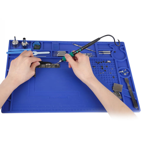 Heat Resistant Soldering Mat With Storage Slots Built In Ruler Magnetic Zones PCB Slot Bendable Silicone Work Surface For Electronics And DIY Projects 17.32 By 12.20 Inches Withstand Up To 932F A Tinker Friendly Pro Grade Desk Pad visible while in use for soldering electronics