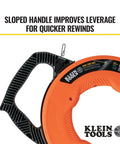 1/8 Inch 120 Foot Steel Electrical Fish Tape With Double Loop Tip showing sloped handle for leverage, Klein Tools branding visible