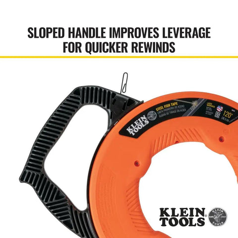 1/8 Inch 120 Foot Steel Electrical Fish Tape With Double Loop Tip showing sloped handle for leverage, Klein Tools branding visible