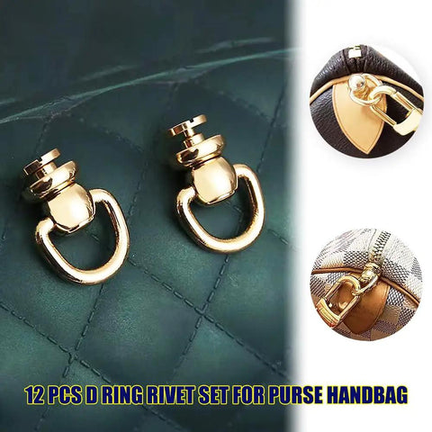 Gold D Ring Rivet Kit For Leather Purses And Bags, 12 Pack Zinc Alloy Studs With Screws, Crossbody Wallet Conversion Hardware, Durable Rustproof Handbag Accessories For DIY Purse Making on green leather bag