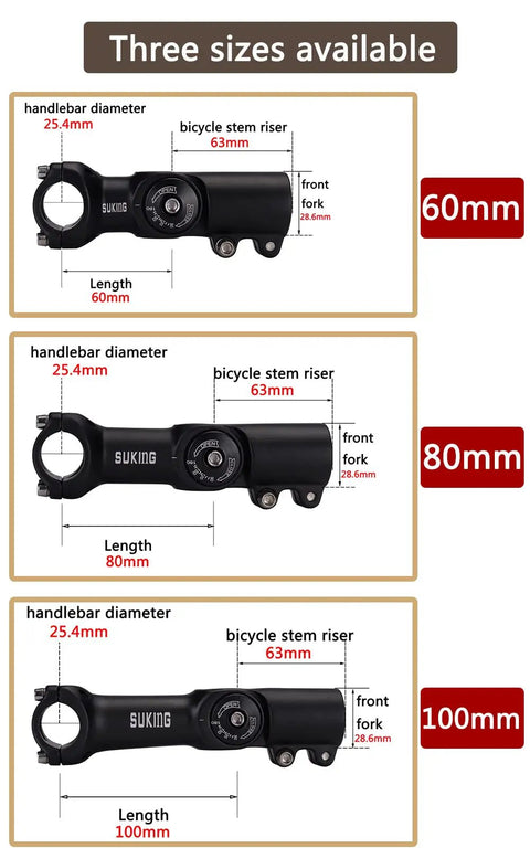 Three sizes of adjustable 60mm mountain bike stem 0 to 90 degree aluminum alloy CNC forged 25.4mm handlebar clamp in 60mm, 80mm, and 100mm