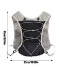 Back view of Hydration Running Vest With 5L Capacity, Reflective Water Backpack For Running, shown in black mesh with dimensions visible