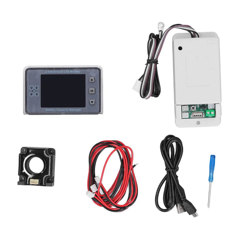 Wireless Battery Monitor With Smart Hall Sensor Tech And Dead Simple Install Featuring A Snappy 2.4 Inch Color LCD Screen For Rock Solid Power Tracking Up To 500 Volts, showing components including connectors.