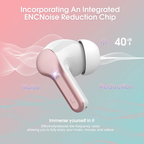 Bluetooth 5.4 Earbuds With ENC Noise Cancelling Mic, Dope HiFi Stereo Sound, IP7 Waterproof In Ear Headphones, Rose Gold close-up