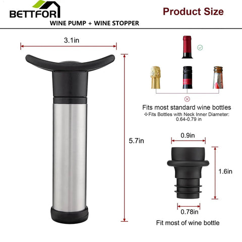 Dimensions and design of Wine Saver Vacuum Pump Kit With Four Silicone Stoppers Keeps Opened Wine Fresh For Up To Seven Days